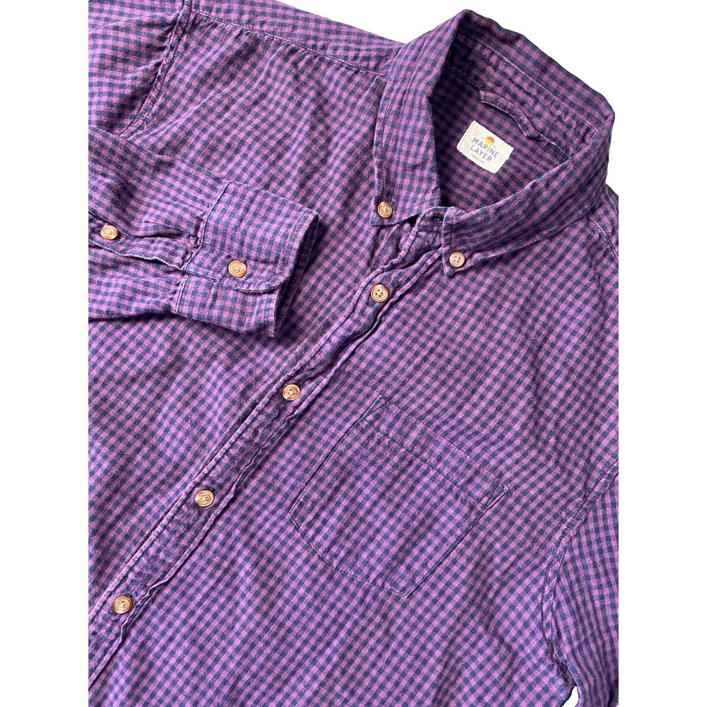 Marine Layer Mens M Purple Gingham Checkered Cotton Button-Up Shirt Long Sleeve